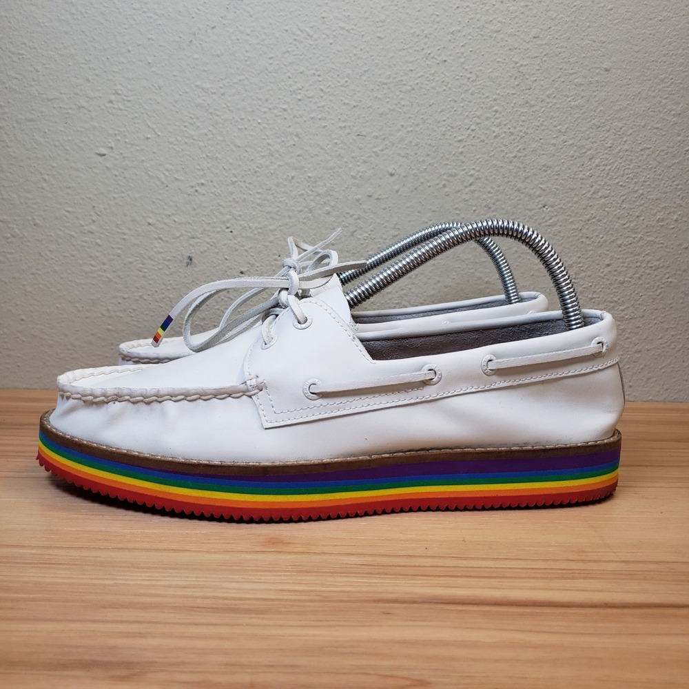 Sperry Rainbow Bottom White Leather Boat Shoes Pride Whimsical Women's 8.5